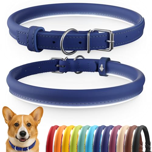 Tangle-Free Reflective Leather Dog Collar, 15-18 in, Deep Blue