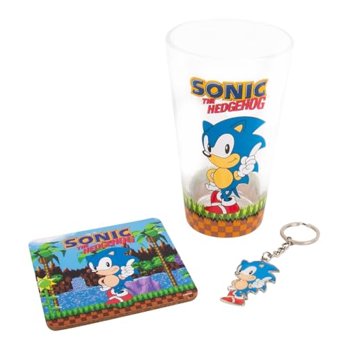 Fizz Creations SonicThe Hedgehog Keyring, Glass and Coaster Gift Set. 3 in 1 Gift Set. 480ml capacity Drinking Glass. Officially Licensed Sonic The Hedgehog Merchandise