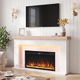 Weyderk 62" Electric Fireplace with Mantel, White Marble TV Stand, 36" Insert, 3D Flame 15 LED Colors, Remote & App Control, 750/1500W for Living Room