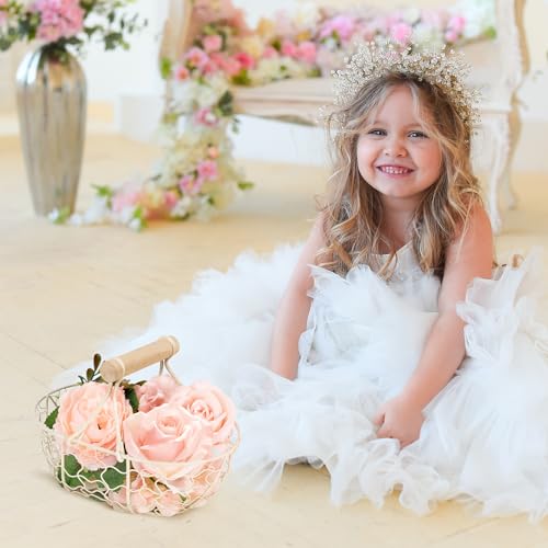 2 Pcs Rustic Flower Girl Wedding Baskets Metal Basket with Wooden Handle Vintage Flower Basket for Weddings and Home Decorations
