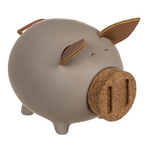 Tirelire cochon en céramique avec oreilles et queue. Tirelire originale avec bouchon en liège dans le museau. (Gris)