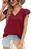 Womens Short Sleeve Tops Basic V Neckline Chiffon Blouses Fashion Dressy Tops Plain Relaxed Fit Shir