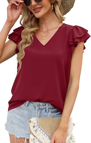 Womens Short Sleeve Tops Basic V Neckline Chiffon Blouses Fashion Dressy Tops Plain Relaxed Fit Shirts Casual Holiday Going Out Summer Clothes Wine Red #TOP25
