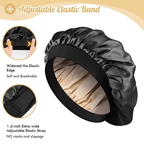Hafree Silk Satin Bonnet, Hair Wrap Adjustable Sleep Cap With 2 Pieces Of Scrunchies For Women Men Double Layer Lined Bonnets For Curly Braid Hair (Black) #TOP2