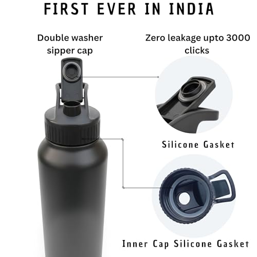 Image of Speedex Stainless Steel Metal Water Bottle 1 Ltr 1000 ml, BIS Approved, Leak Proof Sipper Cap Bottle for Office, School, Gym, Travel, Daily Use for Men, Women, Kids, Adults, Black Grey, Set of 3