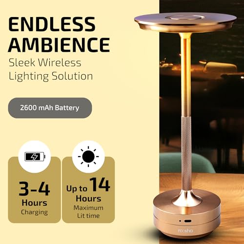 Image of Rosha Zenith Wireless Aluminium LED Table Lamps with Modern Cool Lighting | Upto 13-14 Hrs 2500 mAh Rechargeable Batteries | Touch Dimmer Control | 3 Level Brightness (Gold)