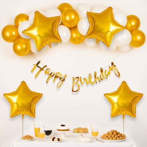 Image of Party Propz Birthday Decoration Kit - 26 Pcs Golden & White Theme - Happy Birthday Banner, Star Foil Balloons, Decoration Kit for Boys, Girls & Husband (Cardstock,Foil)