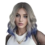 MUPUL Black Ombre silver gray To Blue Wig Short Body Wavy Bob Wigs for Women Shoulder Length Synthetic Cosplay Party Wig for Girls Daily Use Colorful Wigs
