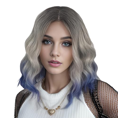MUPUL Black Ombre silver gray To Blue Wig Short Body Wavy Bob Wigs for Women Shoulder Length Synthetic Cosplay Party Wig for Girls Daily Use Colorful Wigs