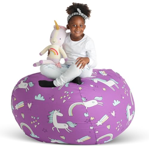 Creative QT Stuff ’n Sit Extra Large 38’’ Bean Bag Storage Cover for Stuffed Animals & Toys, Giant Beanbag Chair Kids, Ages 3-14, Bedroom Organizer Holiday Gifts, Purple Unicorn