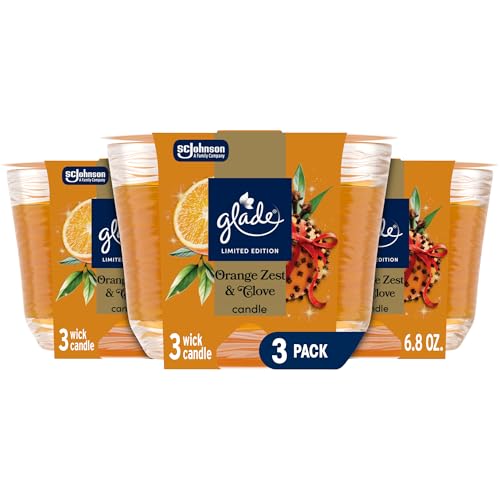 Glade 3-Wick Scented Candle Jar, Orange Zest & Clove, Air Freshener Infused with Essential Oils, 6.8 Oz, 3 Count