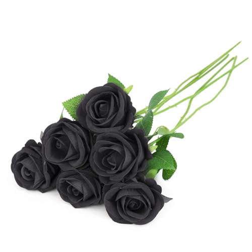 LetuoClips 6pcs Fake Roses Artificial Flower, Bridal Rose Bouquet Faux Roses with Stems for Wedding Flower Decoracion, Black Artificial Roses, Valentine's Day, Wedding & Home Decor
