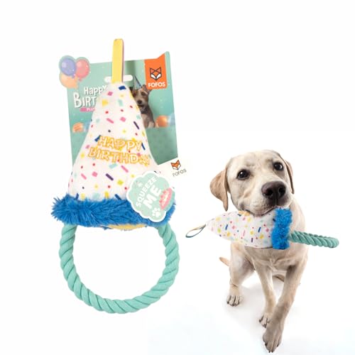 Image of BarkButler x FOFOS Birthday Hat Plush Dog Toy - Multicoloured, Squeaky Toys with Rope, Soft Toys for Dogs,for Small Dogs and Medium Dog Breeds (0-20kgs)