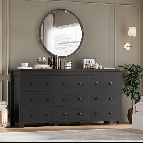 Image of BORNOON 9-Drawer Dresser, Modern Wooden Storage Chest of Drawers, Dresser TV Stand, Wood Drawer Organizer with Metal Handles for Bedroom, Living Room, Hallway