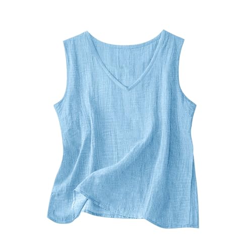 Image of HBDHEJL Cotton Linen Tank Tops for Women Lightweight V Neck Sleeveless Summer Shirts Gauze Loose Causal Athlete Camisole 2026#04 Blue Large