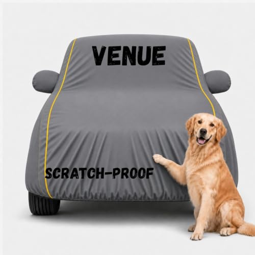 Image of 3 Layer Waterproof Car Body Cover for Venue All Weather Protection Comes with Inner Cotton Lining & Triple Stitched with Mirror & Antenna Pocket Belt & Elastic Fit (Grey)