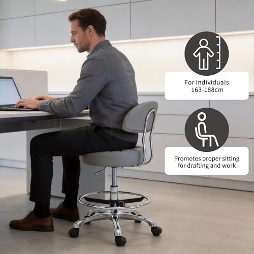 FIRAVOE Drafting Stool with Back (Swivel Chair with Quiet Wheels) (Adjustable Height 20-27 inch) Rolling Office Swivel Stool (Gray) by FIRAVOE - Image 2