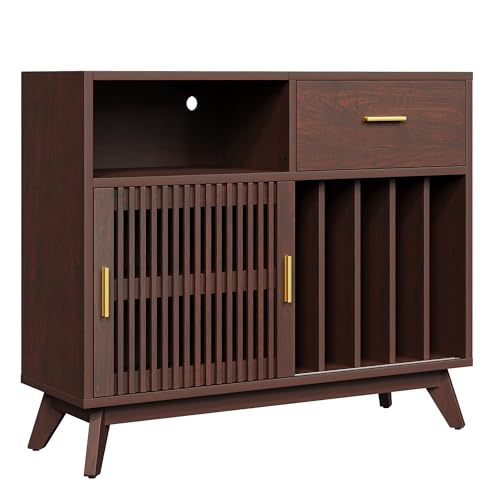 IRONCK Storage Cabinet with Drawer, Coffee Bar Cabinet with Sliding Door, Buffet Sideboard with Shelves & Flip-Top, Mid-Century Modern Kitchen Cabinet for Living Room, Dining Room, Red Walnut