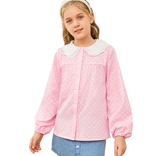 Girls Heart Print Shirts Long Sleeve Button Down Floral Blouse Peter Pan Collar Elastic Cuffs Casual Tops 5-14 Year Pink #TOP1