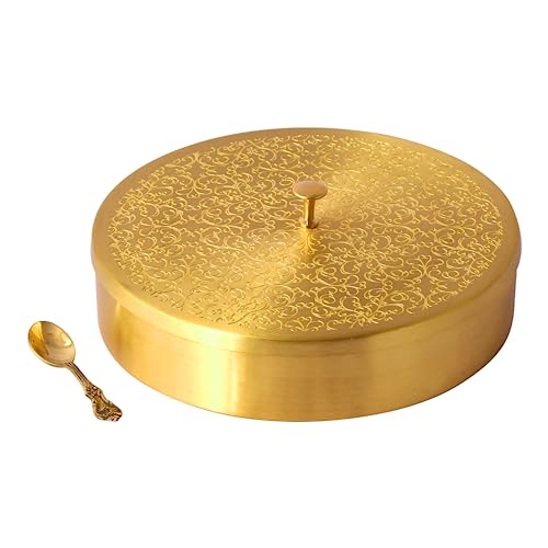 Image of AKSHATA Handcrafted Brass Spice Box Set for Kitchen with Spoon (7 Containers, 120 ML) - Brass Masala Box for Kitchen - Species Container - Masala dabba - Masala Petti - Masaledani,Gold 1 SET