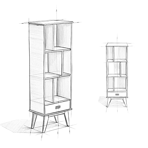 SIMPLIHOME Draper Solid Hardwood 64 inch x 22 inch Mid Century Modern Bookcase and Storage Unit in White for The Living Room, Study Room and Office