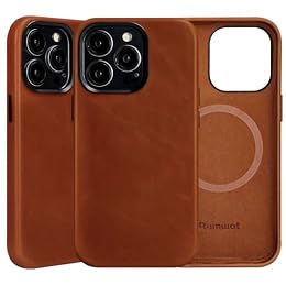 Rumwot Unique Patina Leather Case for iPhone 14 Pro Max Red Brown, Oil Wax Leather, Compatible with MagSafe, Slim Fit, Vintage Aesthetic, Metal Buttons and Camera Bezel for Men Women