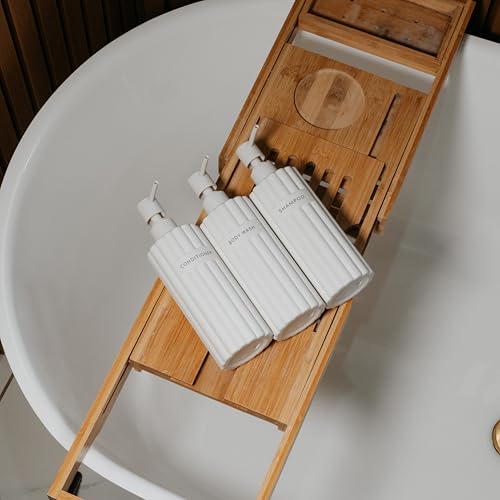 Stilvoller Shampoo- und Spülungsspender-Set mit 3 Stück – Moderne Duschseifenflaschen mit Pumpe und Etiketten – einfach zu befüllender Duschwaschspender für EIN sofortiges Badezimmer-Dekor-Upgrade
