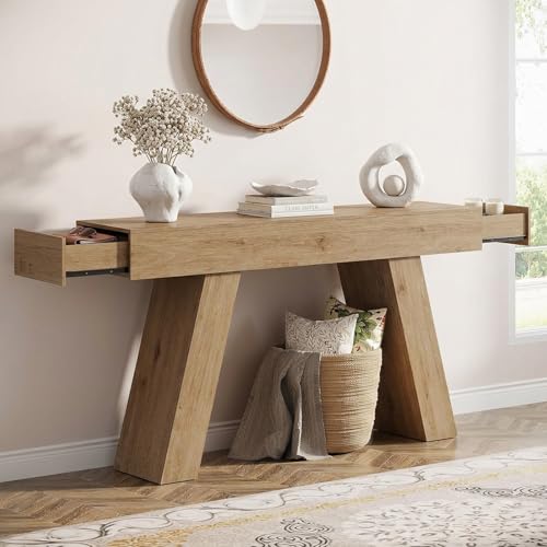 63-Inch Long Console Table Entryway Table with Storage Drawer, Natural Wood - image 1