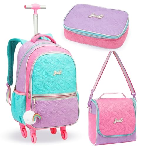 Kit Escolar para Meninas, Mochila com Rodinhas + Estojo com Divisórias + Lancheira Térmica com Alça