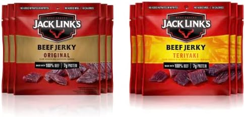 Jack Link's Beef Jerky, Original + Teriyaki – Flavorful Meat Snack for Lunches, Ready to Eat Snacks, Made with 100% Beef – 0.625 Oz Bags (Pack of 10)