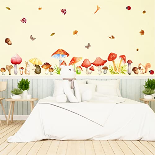 Watercolor Mushroom Wall Decals Woodland Mushroom Wall Decals Colorful Mushroom Wall Stickers Cute Cartoon Animal Wall Stickers Fall Leaf Autumn Wall Decals For Kids Room Bedroom Nursery Classroom Decor #TOP2