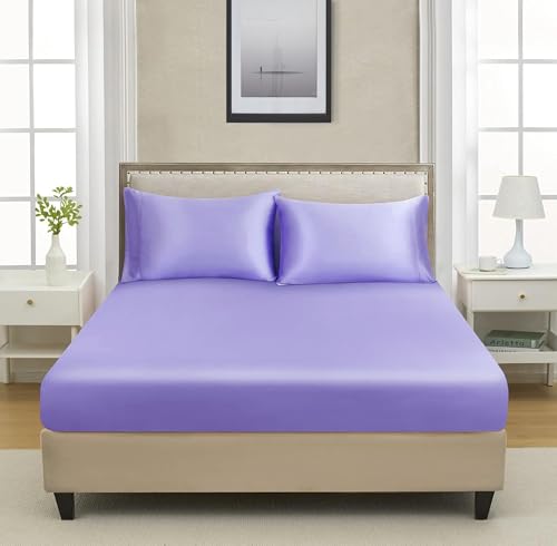 Image of RD TREND Microfiber Satin Weave Fitted Bedsheet King Size 78x72x10 Inch, Elastic Bedsheets for King Size Bed with 2 Pillow Covers-18x28 Inch (Lavender)