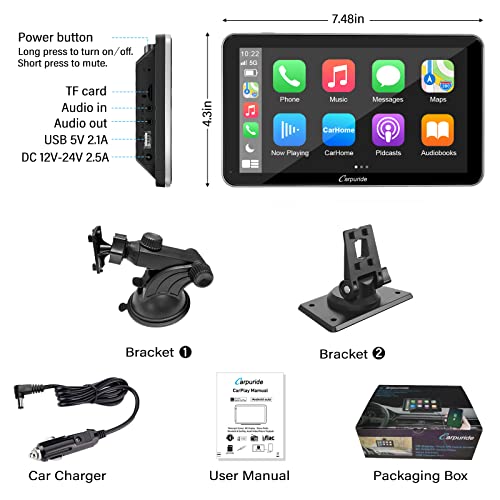 Carpuride Newest 7 Inch Portable Ips Screen Wireless Apple Carplay & Android Auto With Mirror Link, Car Radio Receiver Mp5 Player Sucker Holder & Dashboard Mounted #TOP6