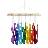 Cohasset Tumbled Glass Wind Chime - Rainbow Wave Design - Recycled Glass and Driftwood - LGBTQ Pride