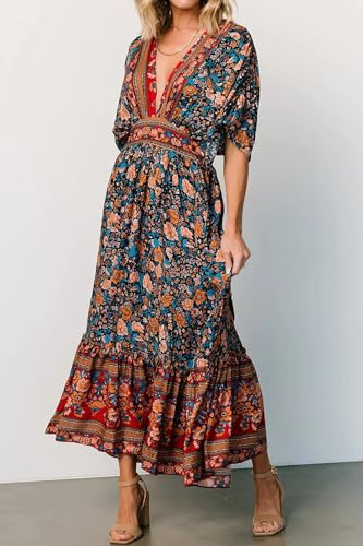 R.Vivimos Women's Summer Boho Floral Print Midi Dress Short Sleeve Deep V Neck Empire Waist Flowy Beach Dress with Pockets2