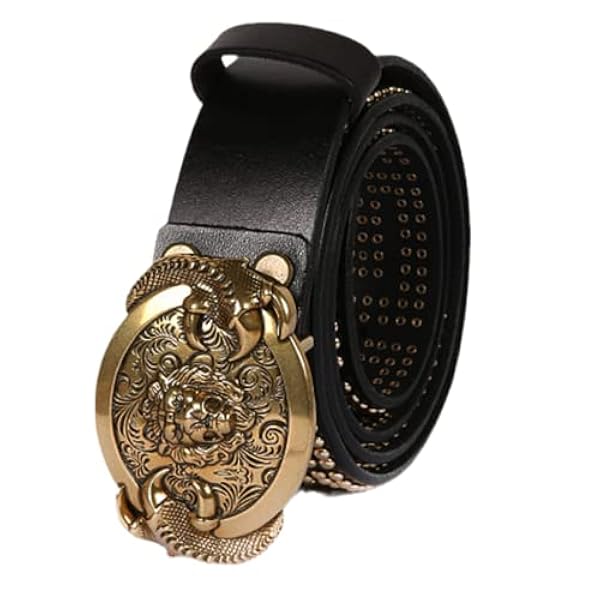 Punk Rock Bälte Med Häftstift Med Guldnit I Cirkulära Pärlor Arrangemang Läderrem Med Graverat Lejonhuvud Och Tassar Spänne(125cm/waist:43", Black)