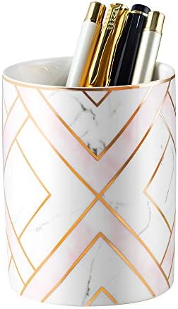 YOSCO Ceramic Round Pen Holder Stand Golden Line Pencil Cup Pot Desk Organizer Makeup Brush Holder (Pink-Square)