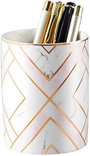 YOSCO Ceramic Round Pen Holder Stand Golden Line Pencil Cup Pot Desk Organizer Makeup Brush Holder (Pink-Square)