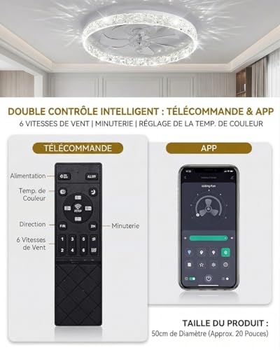 Ventilateur silencieux plafond connecté avec lumière dimmable 6 vitesses - 6