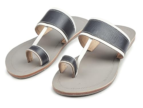 KORAKARI Men’s Regular Wear Kolhapuri Chappal handmade Leather Grey Base White Blue Upper Smooth and Stylish Durable Comfortable Flip Flops Anti Slip Design slippers Traditional Indian Footwear KORAKARI Men’s Regular Wear Kolhapuri Chappal handmade Leather Grey Base White Blue Upper Smooth and Stylish Durable Comfortable Flip Flops Anti Slip Design slippers Traditional Indian Footwear