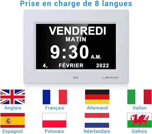 Lemnoi 7'' LCD Digital Day Clock Calendar with Date/Day/Time, 8 Languages Auto-Dimming Digital Clock with 12 Programmable Alarms, Reminders Clock for Alzheimer Elderly & Child (White) by Lemnoi - Image 7