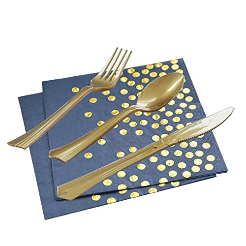 200 Pcs Disposable Tableware Set for 25 Guests Dark Blue and Gold Dot Disposable Paper Birthday Plates Dinnerware Includes Dinner Plates Dessert Plates Forks Knives Spoons Cups Napkins Straws