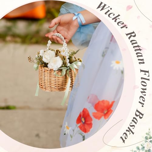 image for Thyle 4 Pcs Flower Girl Baskets with Handle, 7.87 x 4.33 Inch, Wicker 