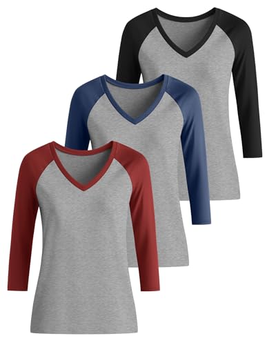 3 Pack Women’s V Neck 3/4 Sleeve Shirts, Raglan Color Block Tees Baseball Style Loose Casual Tops4