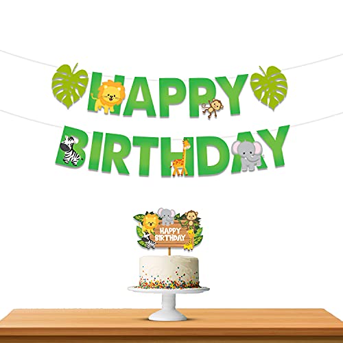Festiko® Jungle Theme Happy Birthday Party Decoration Combo,Jungle/Safari Themes Party Favors for Kids/1st Birthday Decoration(Birthday Banner with Free Cake Topper)