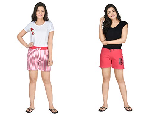 Image of Club A9 Women's Cotton Printed Shorts | Short Pants | Hot Pants (Pack of 2) (L, Pink Stripe, Dark Pink)