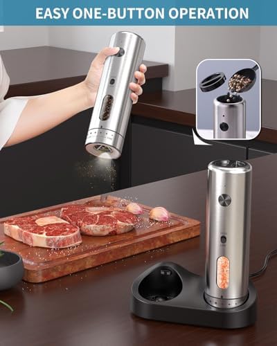 CIRCLE JOY Electric Salt and Pepper Grinder Set with Rechargeable Base Upgraded Stainless Steel Automatic Salt and Pepper Shakers with 2 Grinding Speeds, External Adjustment and 110ml Capacity, Silver - 5