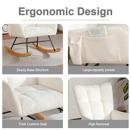 Image of Rocking Chair Nursery with Airbag, Comfy Modern Nursery Rocking Reading Chair Indoor, Cozy Upholstered Glider Rocker Chairs for Living Room Bedroom Offices, (Chenille, White)