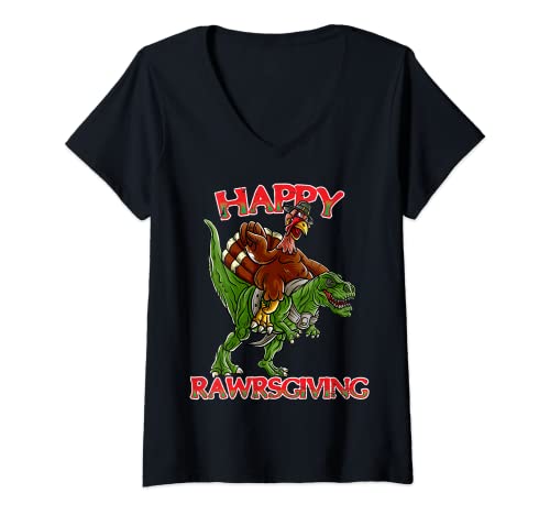 Womens Happy Rawrsgiving Thanksgiving Turkey T-Rex Dinosaur Pilgrim V-Neck T-Shirt