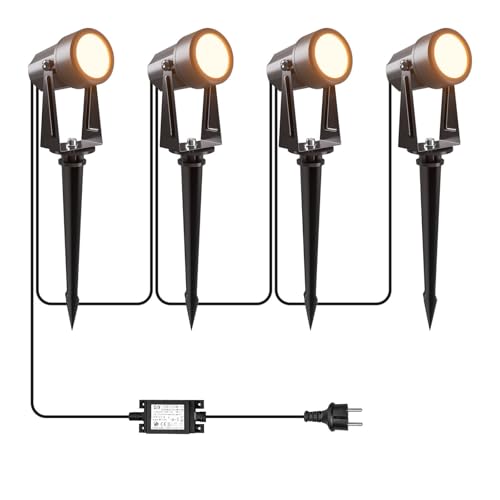 LONIUTO Spot LED Extérieur 14M, 3W*4 pièces Projecteurs extérieurs 3000K Blanc chaud, 14V Projecteurs LED extérieurs IP65 Imperméables pour allées, pelouses, cours, terrasses